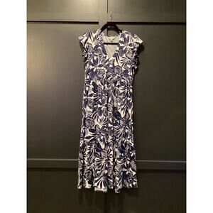 La Mer Luxe blue white floral leaf print cap sleeve midi resort dress S